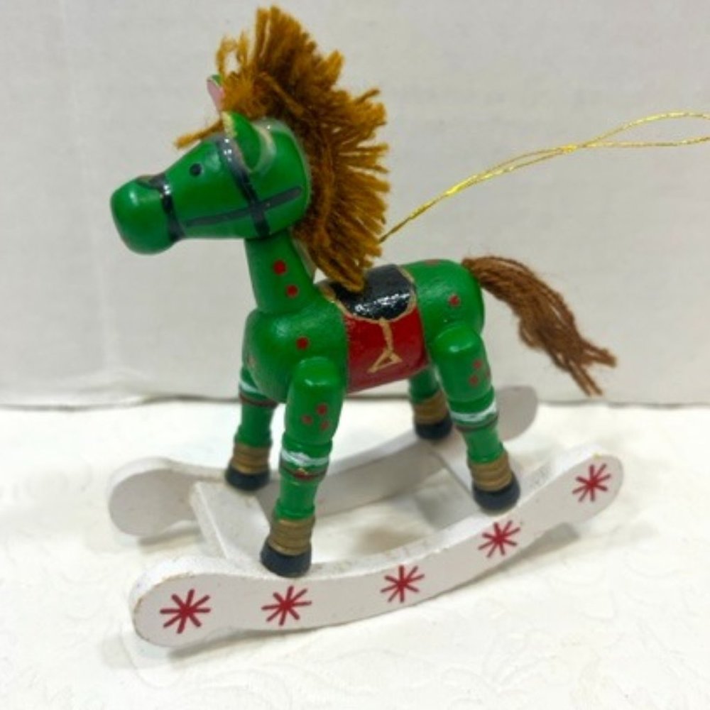 VTG Wooden Hand Painted Rocking Horse Hanging Christmas Tree Ornament 4"